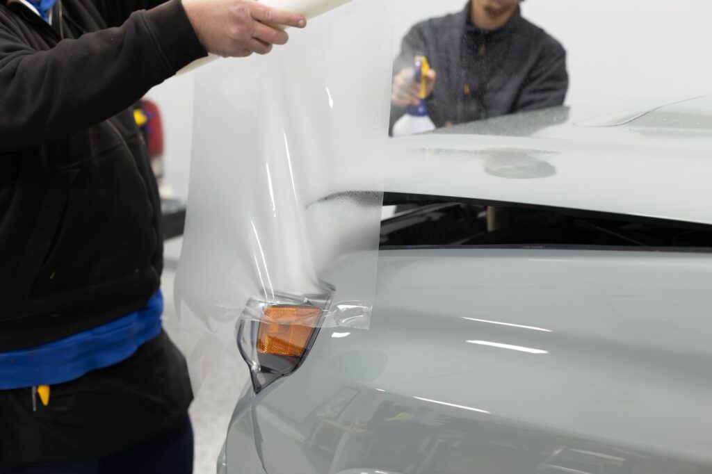 Two installers work as team to install paint protection film on the hood of a gray toyota SUV in Plano Far North Dallas Texas